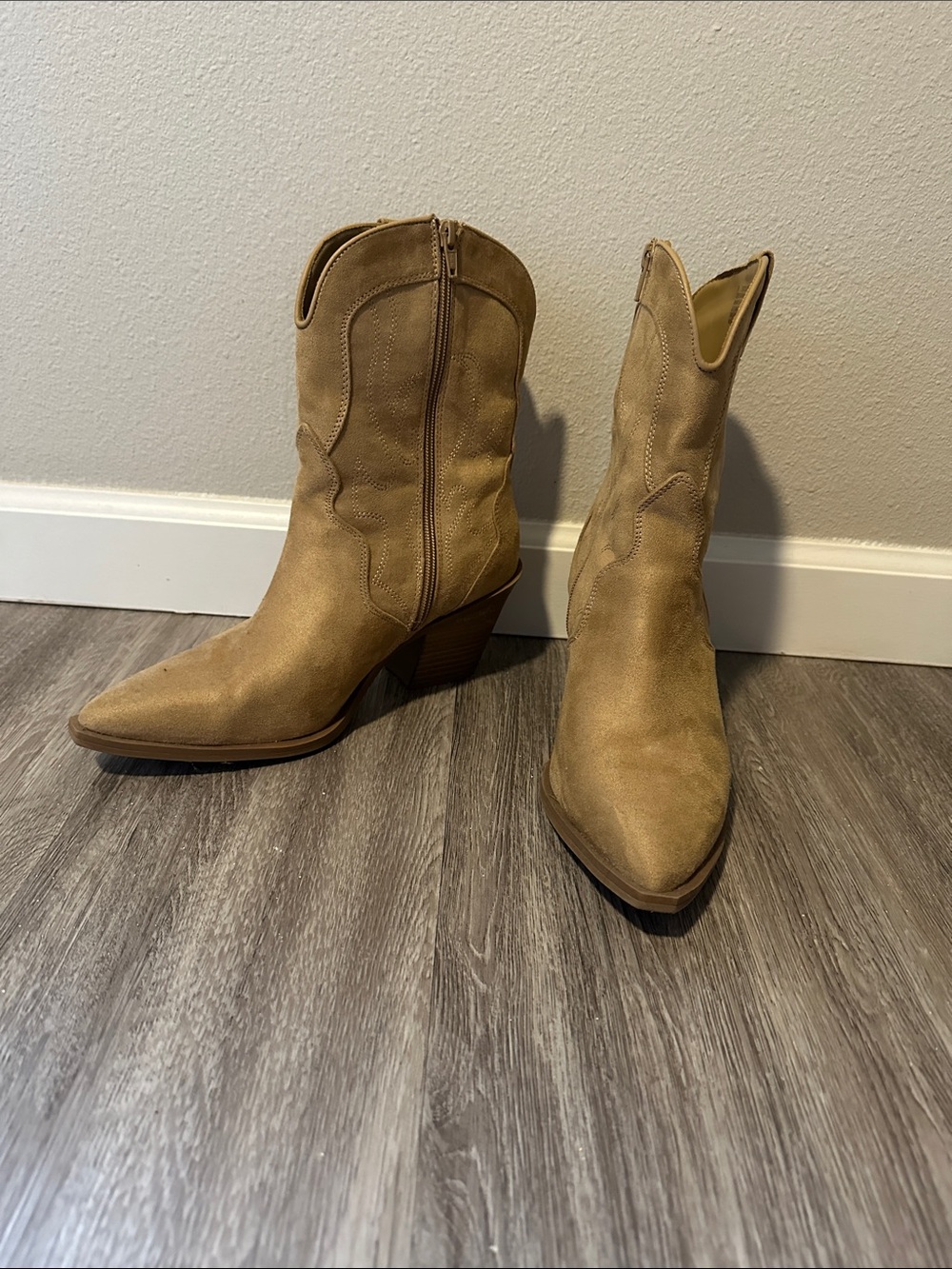 Tan Suede Western Ankle Boots with Stacked Heel